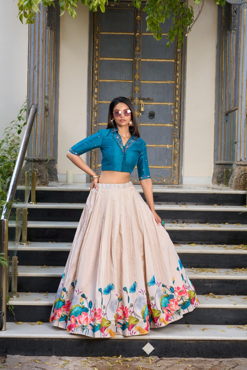 Off White & Teal Floral Printed Tussar Silk Co-ord Set Lehenga