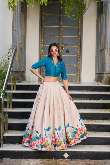 Off White & Teal Floral Printed Tussar Silk Co-ord Set Lehenga