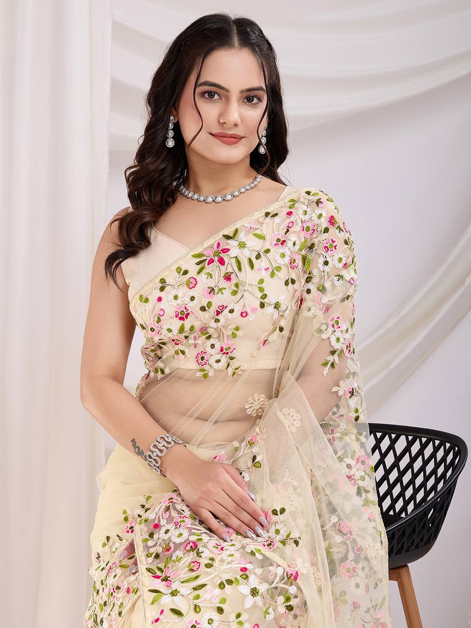 Offwhite Designer Soft Net Saree