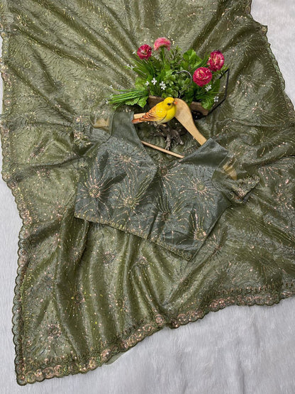 Olive Designer Twill Net Saree