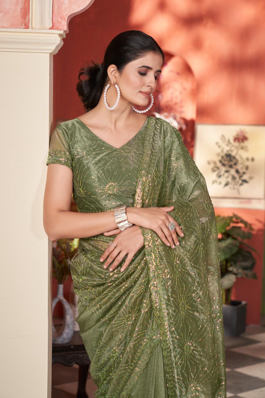 Olive Designer Twill Net Saree