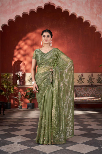 Olive Designer Twill Net Saree