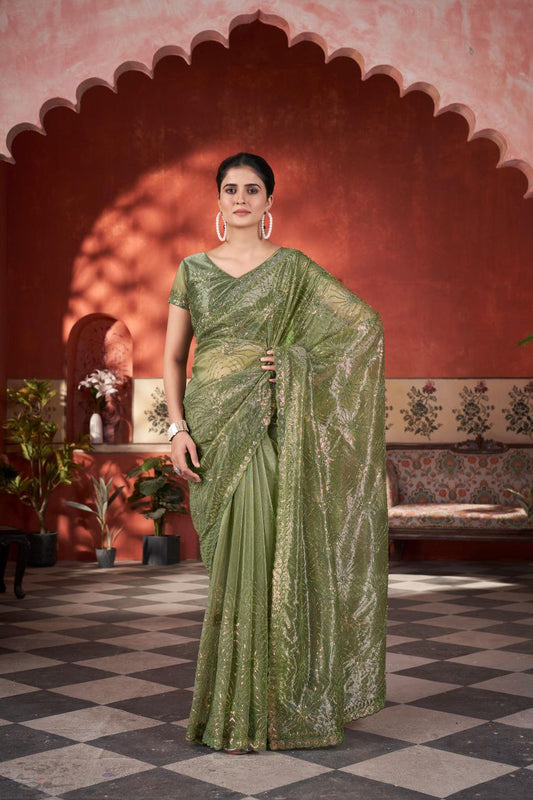 Olive Designer Twill Net Saree