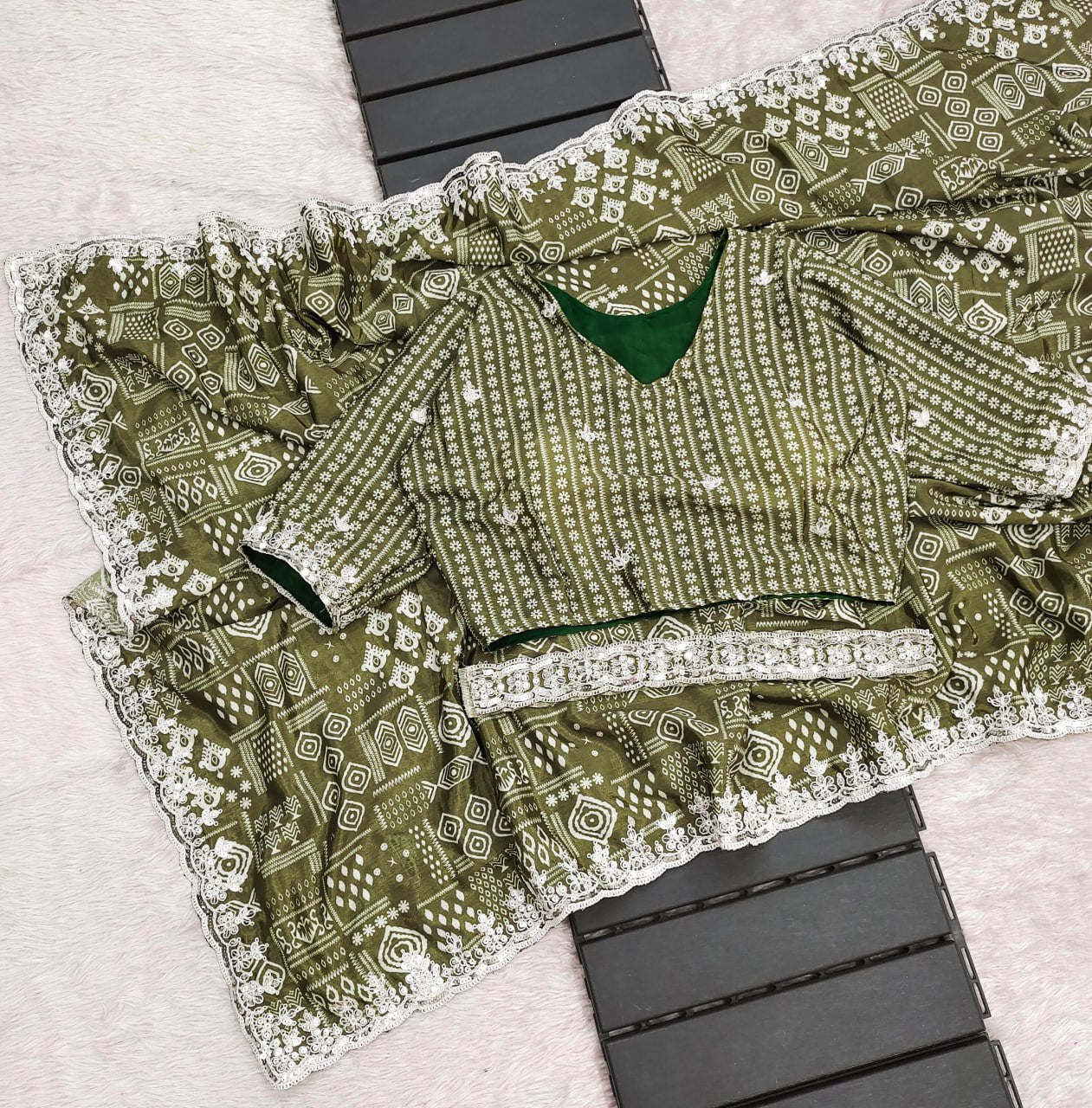 Olive Digital Printed Chinon Silk Saree