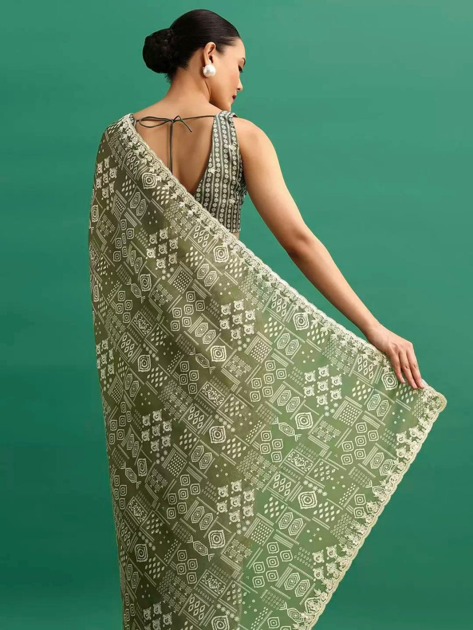 Olive Digital Printed Chinon Silk Saree