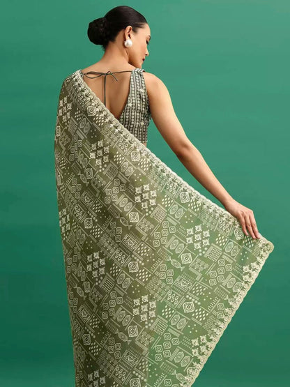 Olive Digital Printed Chinon Silk Saree