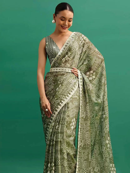 Olive Digital Printed Chinon Silk Saree