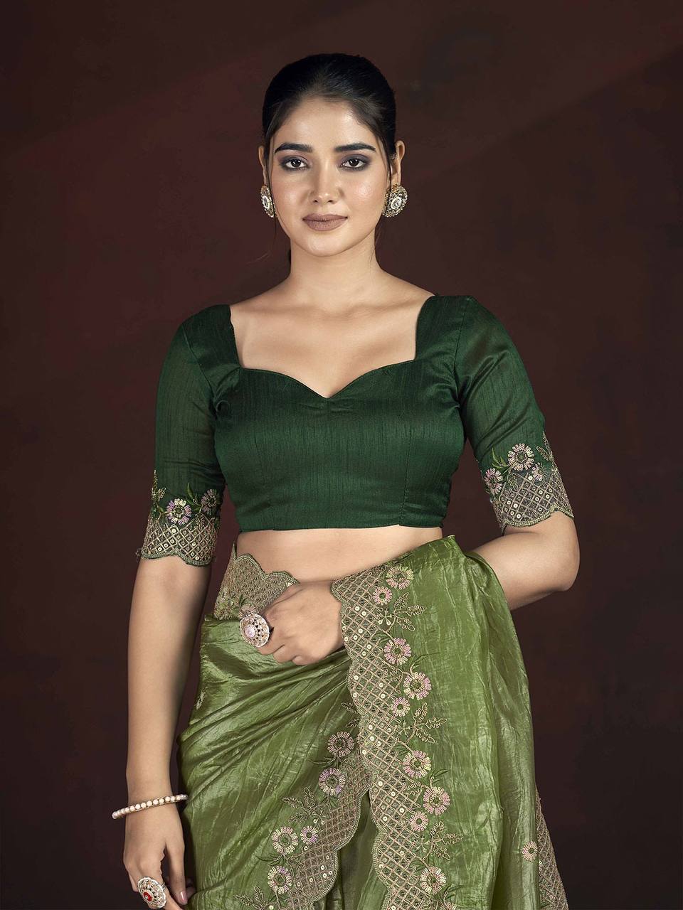 Olive Fancy Gold Crunchy Saree