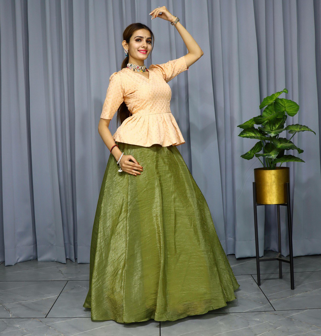 Olive Gold Crush Designer Lehenga