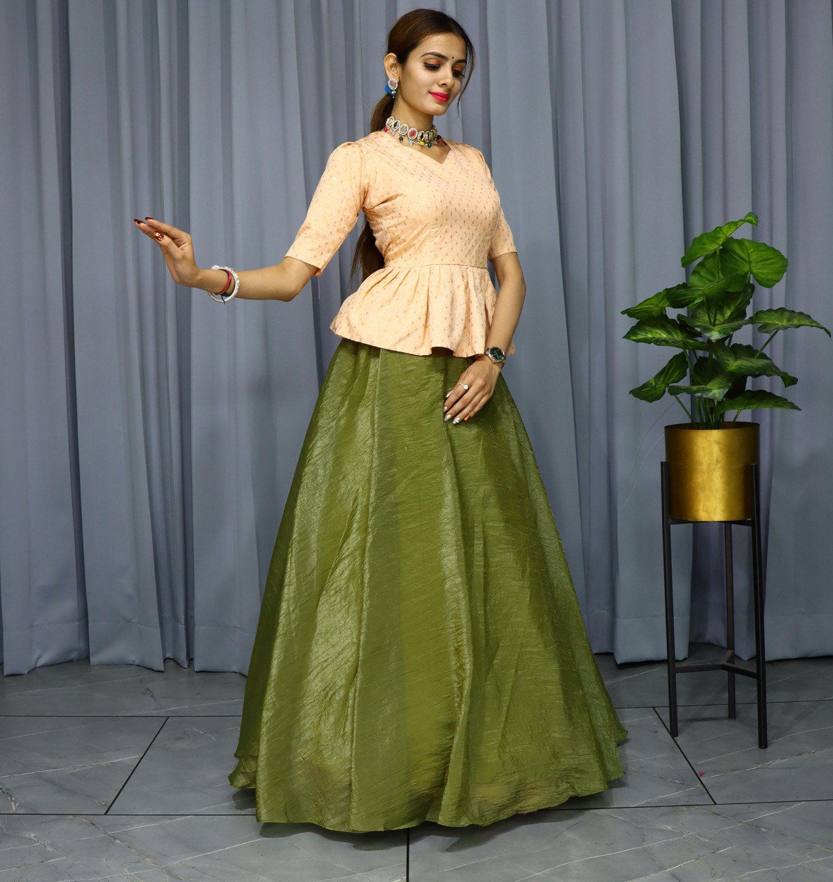 Olive Gold Crush Designer Lehenga