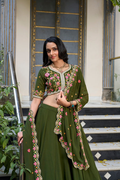 Olive Green Designer Wedding Wear Lehenga