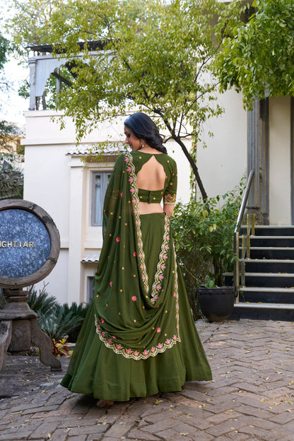 Olive Green Designer Wedding Wear Lehenga