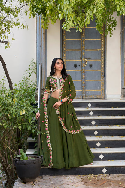 Olive Green Designer Wedding Wear Lehenga