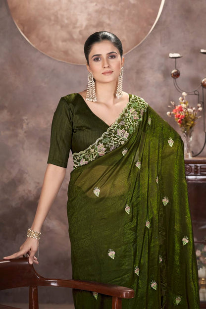 Olive Green Gold Crunchy Silk Saree