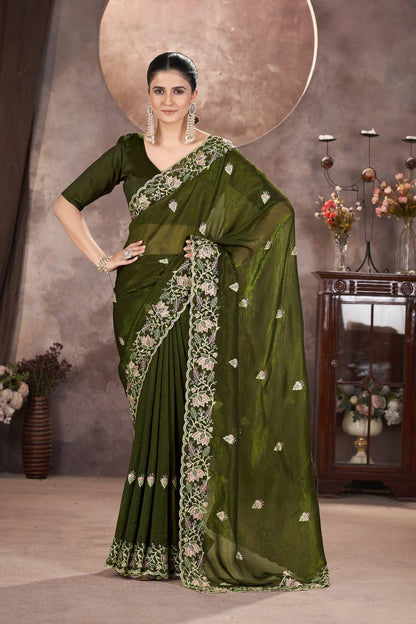 Olive Green Gold Crunchy Silk Saree