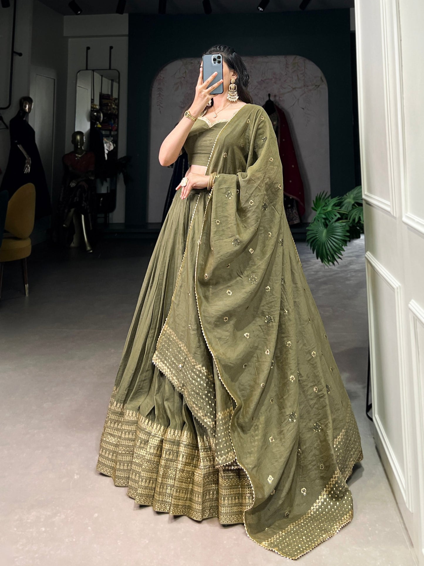 Olive Green Traditional Chanderi Lehenga