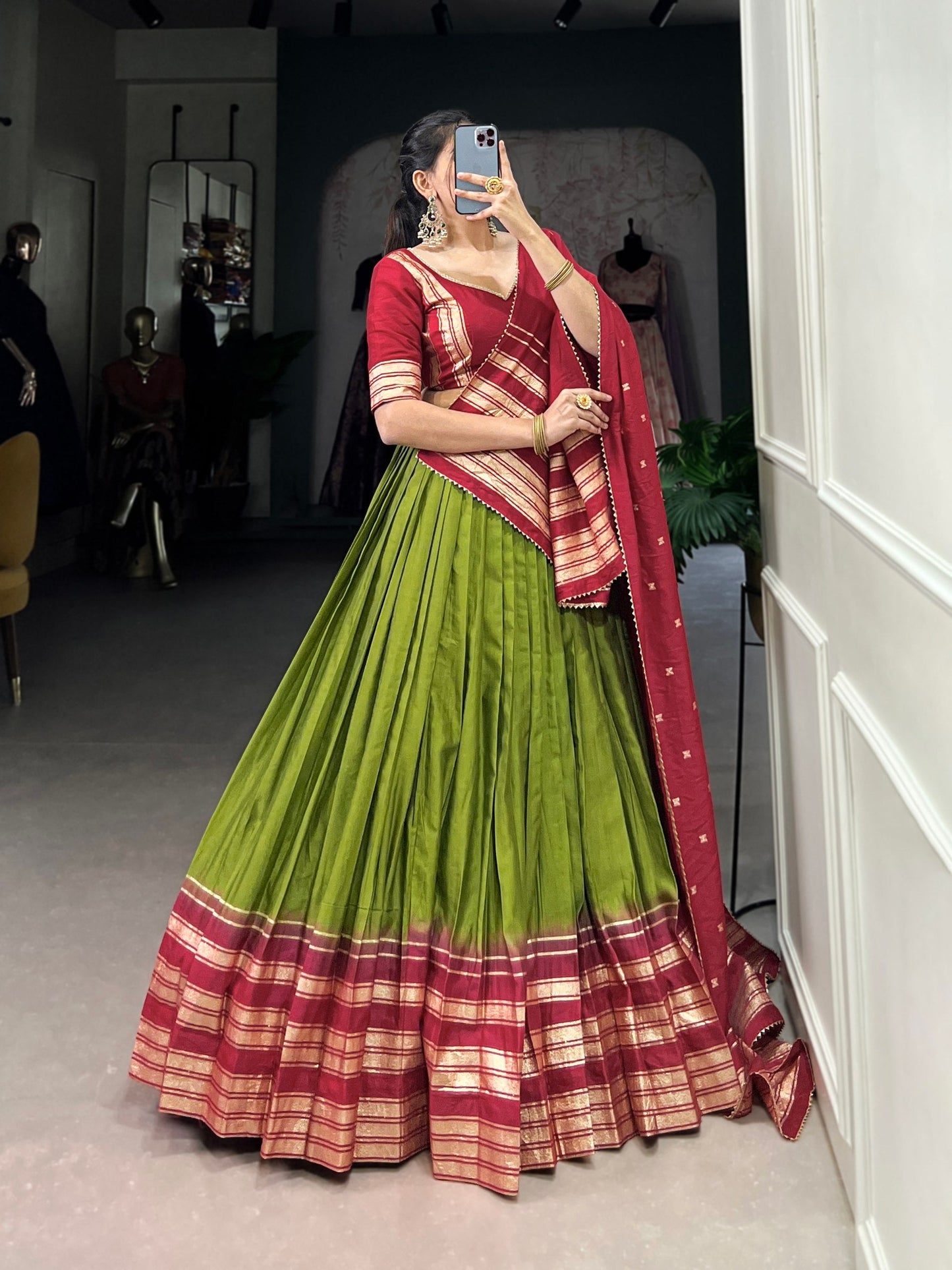Olive & Maroon Designer Chanderi Lehenga
