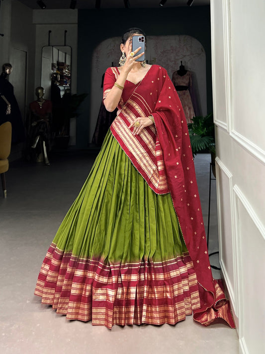 Olive & Maroon Designer Chanderi Lehenga
