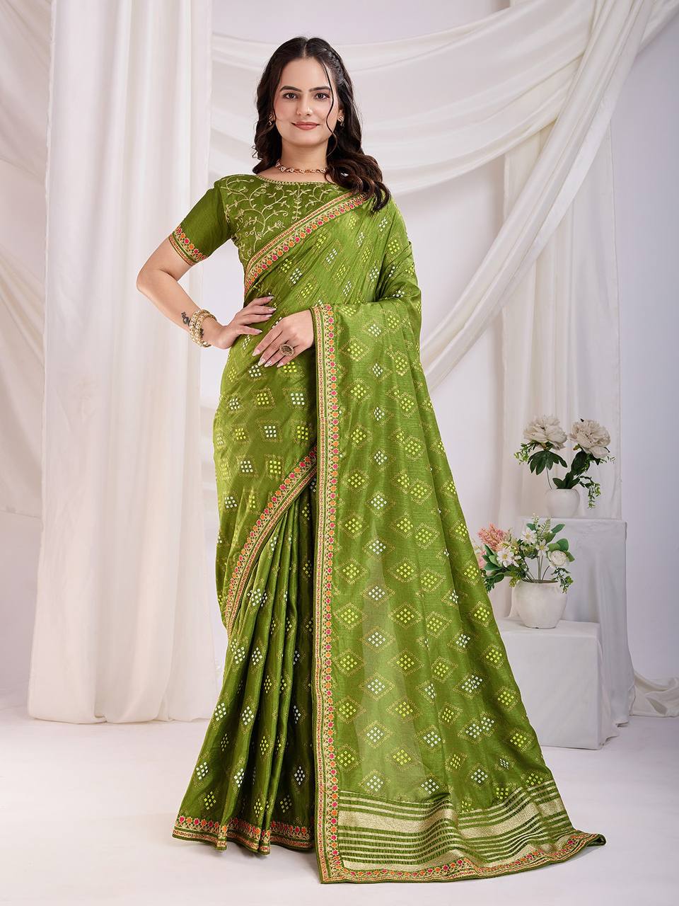 Olive Wedding Wear Vichitra Silk Saree
