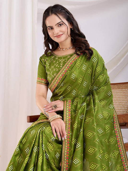 Olive Wedding Wear Vichitra Silk Saree