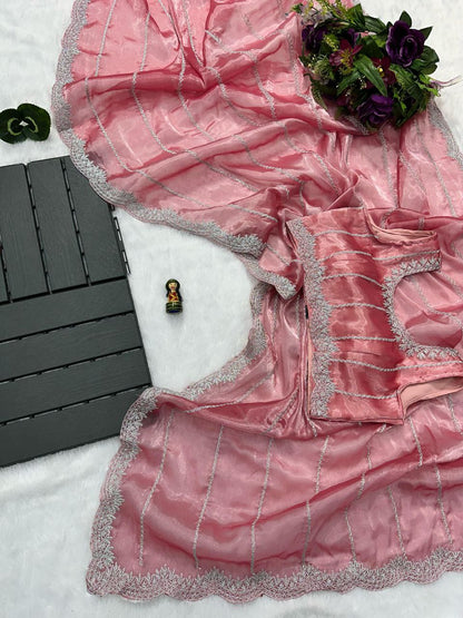 Onion Pink Designer Burberry Silk Saree