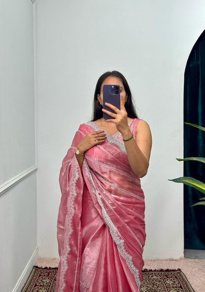 Onion Pink Designer Burberry Silk Saree