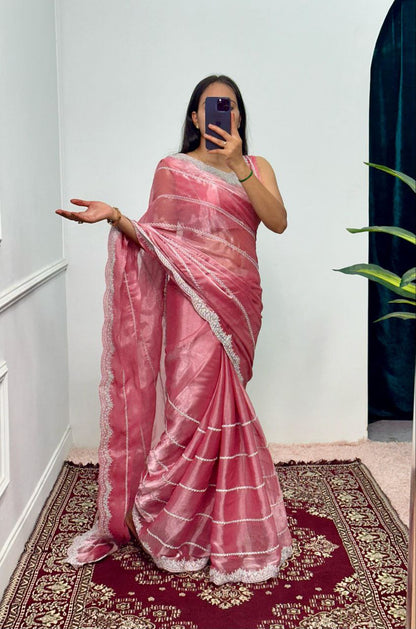 Onion Pink Designer Burberry Silk Saree