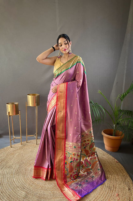 Onion Pink Traditional Marathi Paithani Saree