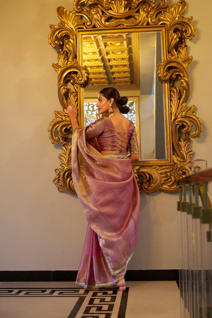 Onion Pink Wedding Wear Tissue Shimmer Saree