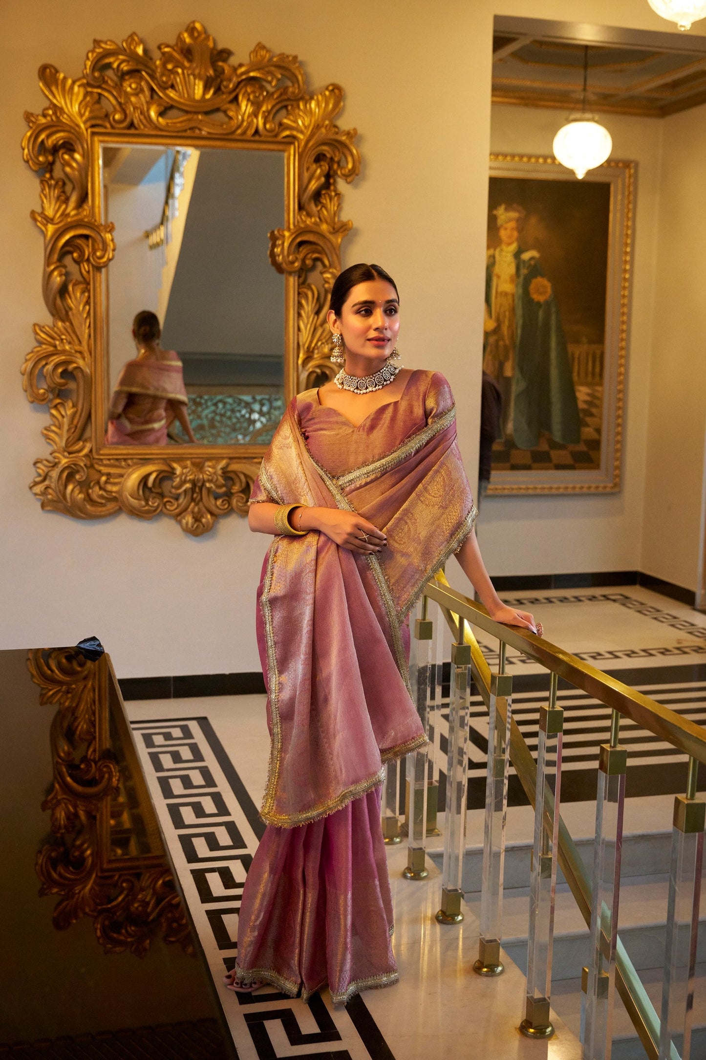 Onion Pink Wedding Wear Tissue Shimmer Saree