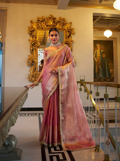 Onion Pink Wedding Wear Tissue Shimmer Saree