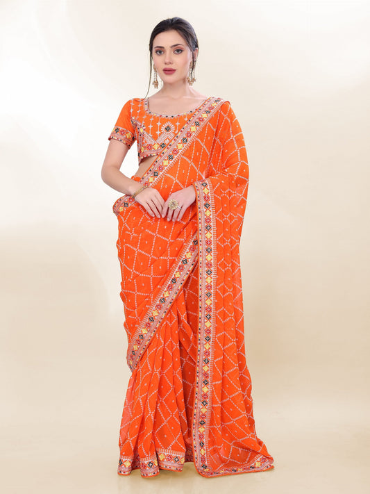 Orange Bandhej Printed Georgette Saree