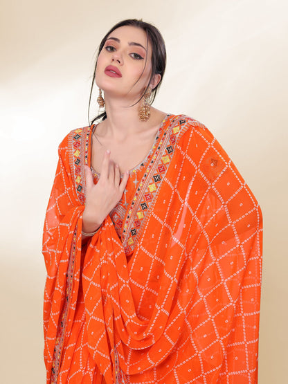 Orange Bandhej Printed Georgette Saree