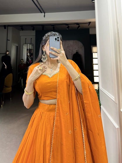Orange Designer Chanderi Lehenga Choli For Wedding