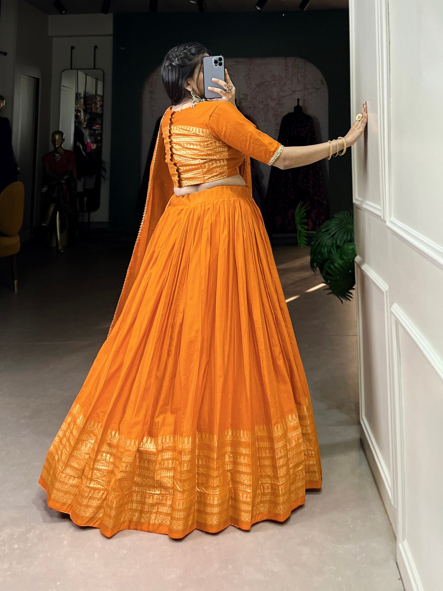 Orange Designer Chanderi Lehenga Choli For Wedding