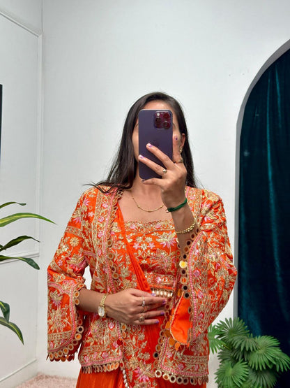 Orange Designer Ready To Wear Chinon Silk Saree