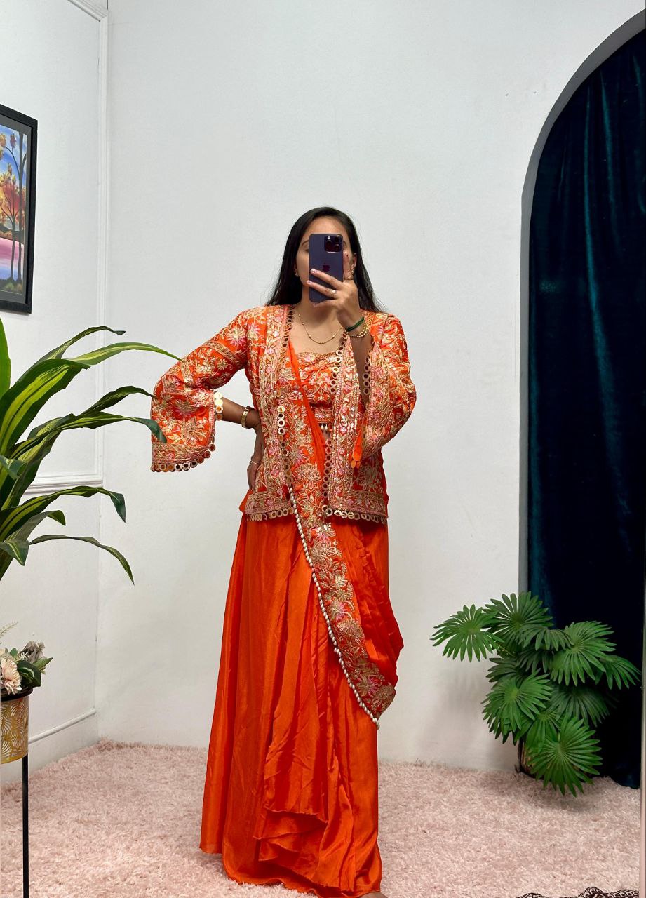 Orange Designer Ready To Wear Chinon Silk Saree