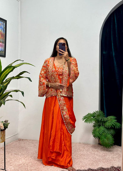 Orange Designer Ready To Wear Chinon Silk Saree