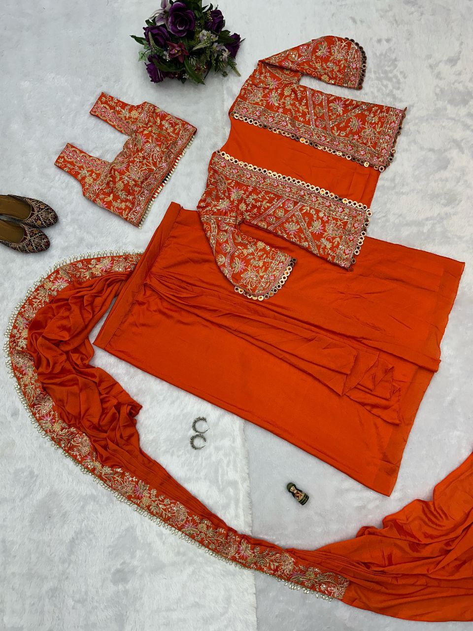 Orange Designer Ready To Wear Chinon Silk Saree