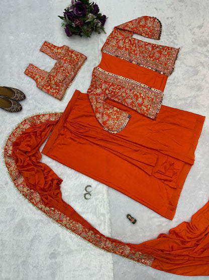 Orange Designer Ready To Wear Chinon Silk Saree