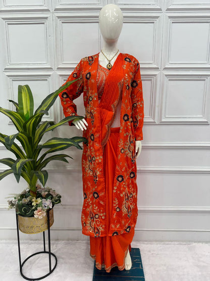 Orange Designer Ready To Wear Chinon Silk Saree