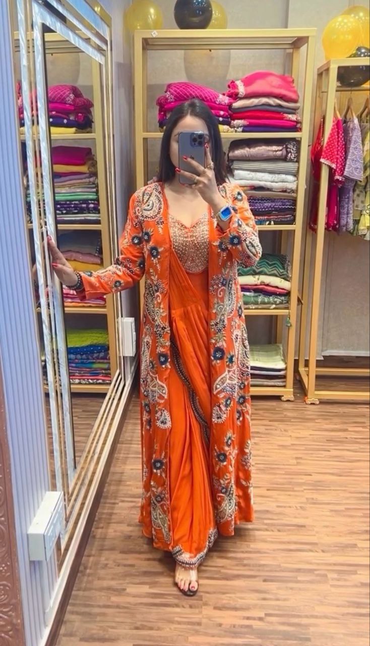 Orange Designer Ready To Wear Chinon Silk Saree