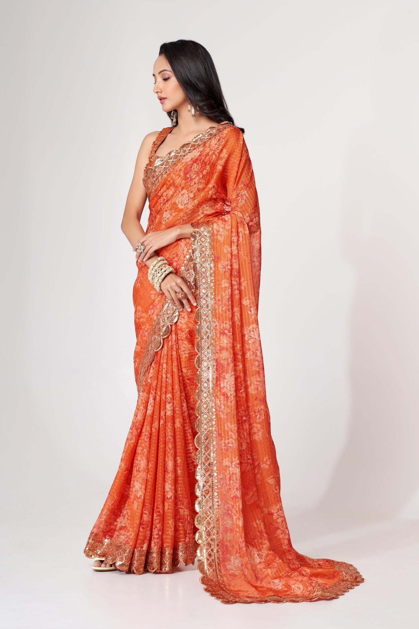 Orange Floral Printed Organza Saree With Blouse | 100% Original Saree