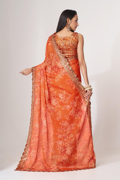 Orange Floral Printed Organza Saree With Blouse | 100% Original Saree