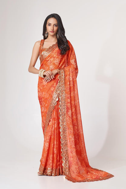 Orange Floral Printed Organza Saree With Blouse | 100% Original Saree