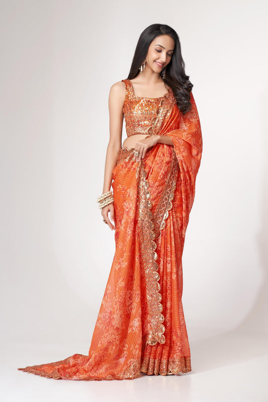 Orange Floral Printed Organza Saree With Blouse | 100% Original Saree