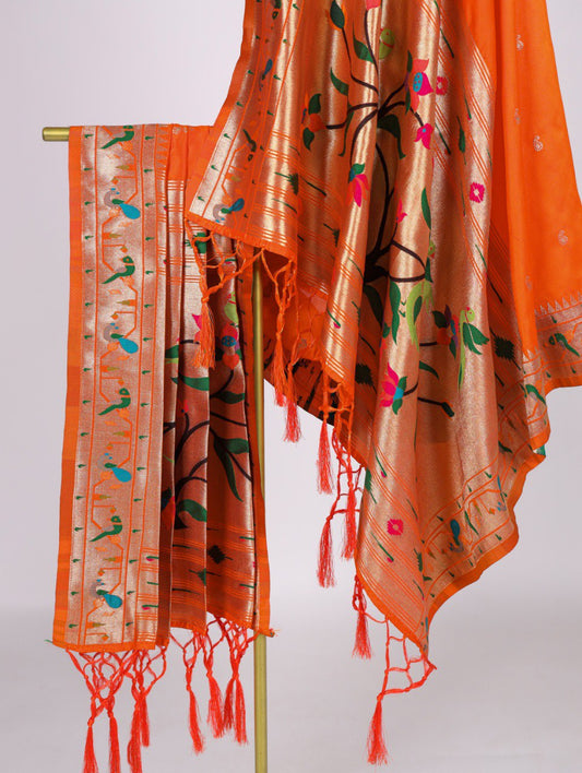 Orange Jacquard Silk Paithani Dupatta