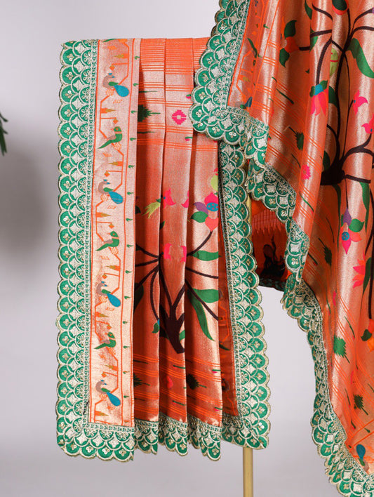 Orange Jacquard Silk Paithani Dupatta