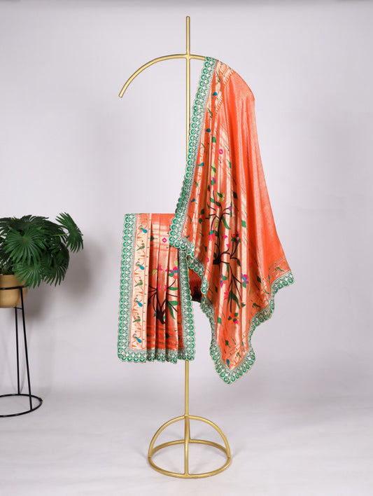 Orange Jacquard Silk Paithani Dupatta