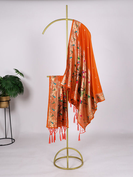 Orange Jacquard Silk Paithani Dupatta
